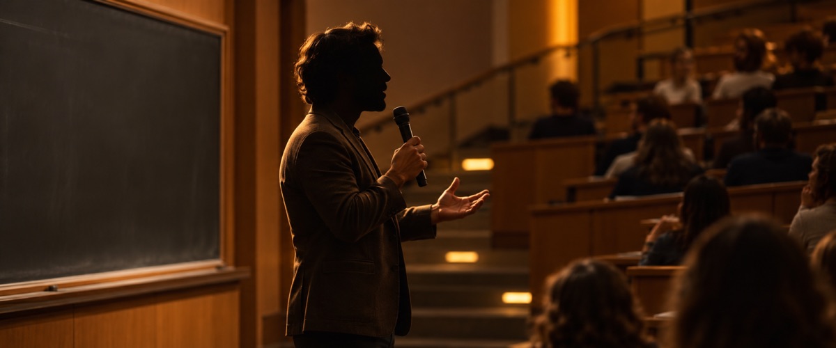 A lecturer speaking to a hall
